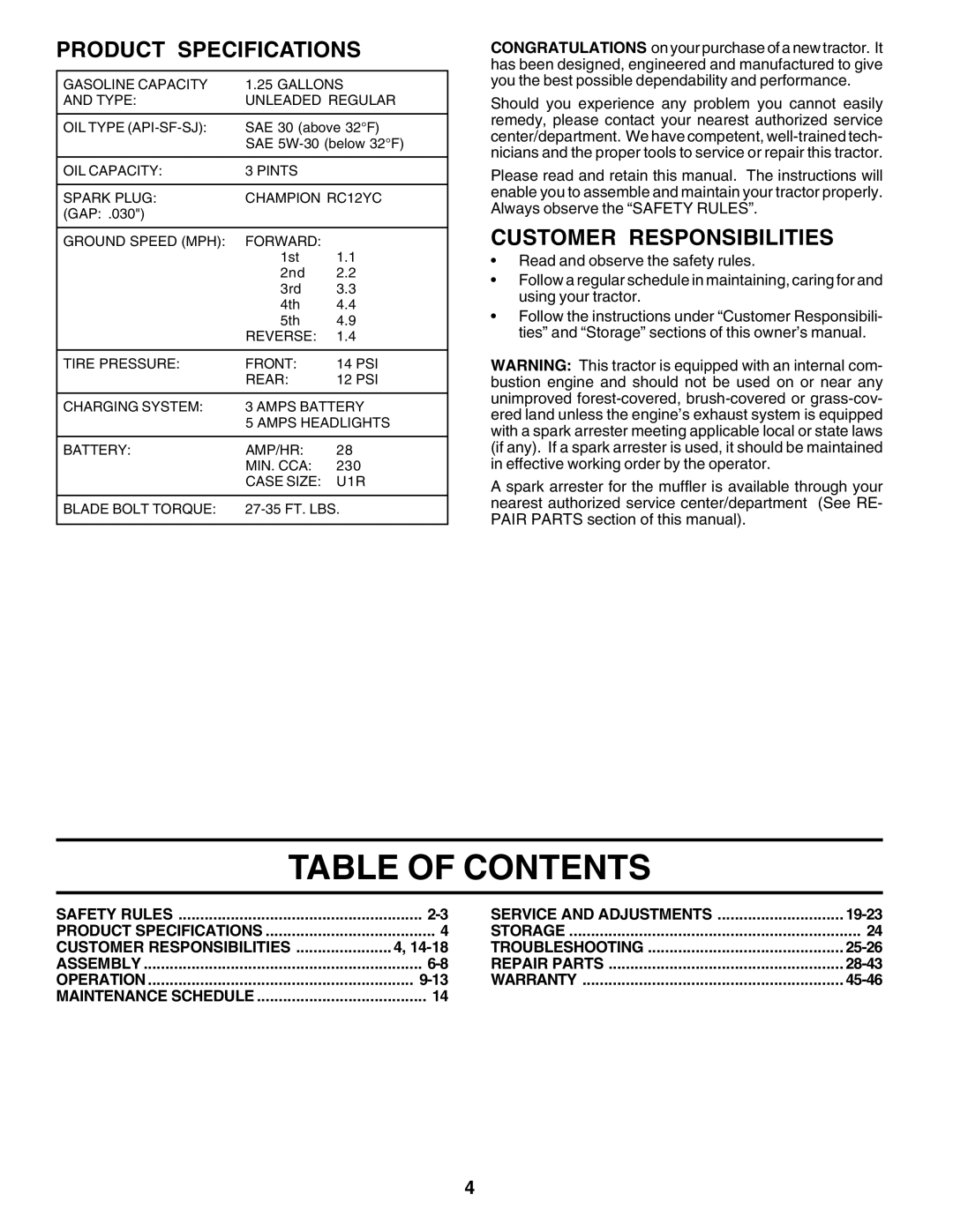Poulan 182946 manual Table Of Contents, Product Specifications, Customer Responsibilities 