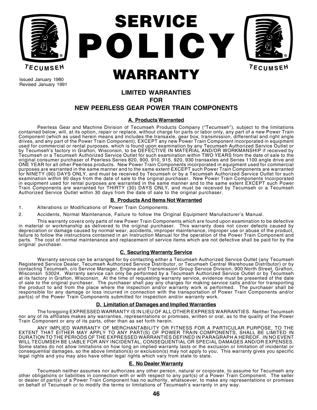 Poulan 182946 Limited Warranties For, New Peerless Gear Power Train Components, Policy, Service, Warranty, T E C U M Seh 