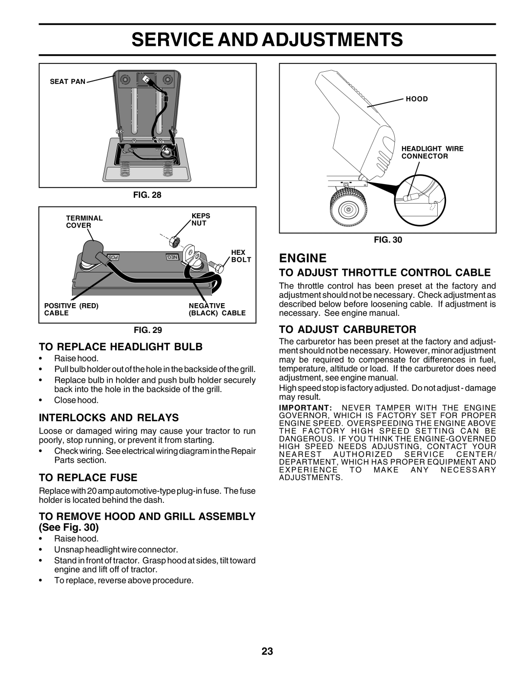 Poulan 183041 To Replace Headlight Bulb, Interlocks and Relays, To Replace Fuse, To Adjust Throttle Control Cable 