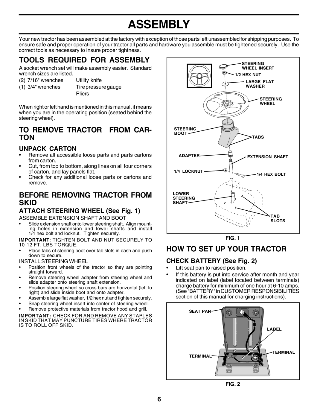 Poulan 183041 Tools Required for Assembly, To Remove Tractor from CAR- TON, Before Removing Tractor from Skid 