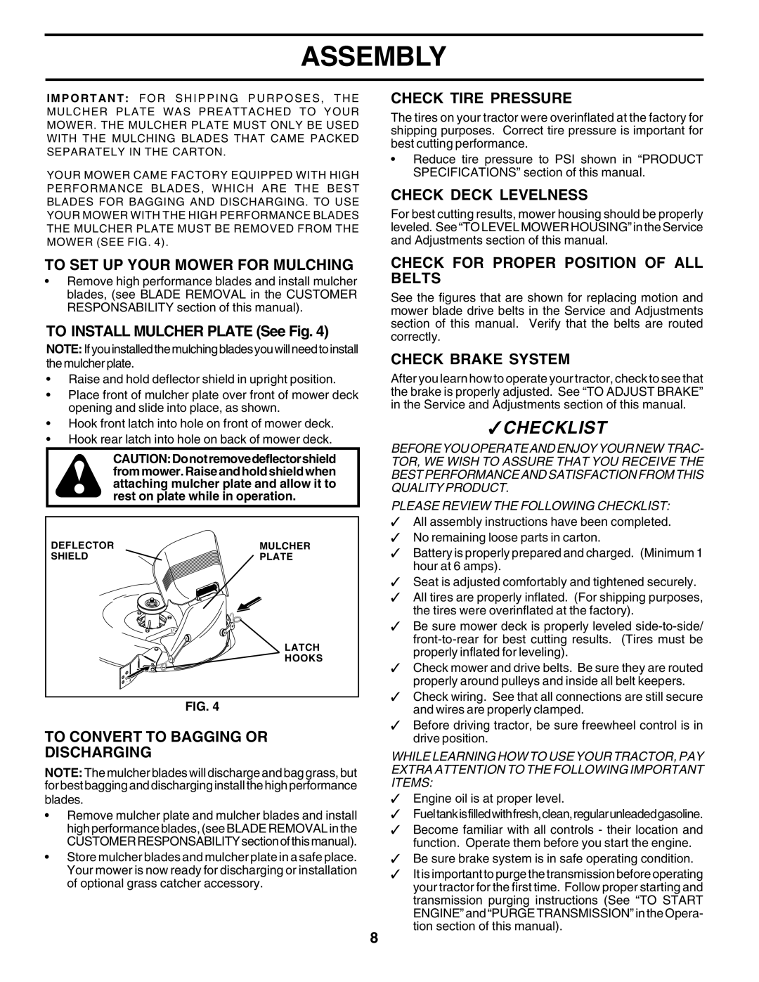 Poulan 183041 owner manual To SET UP Your Mower for Mulching, To Convert to Bagging or Discharging, Check Tire Pressure 