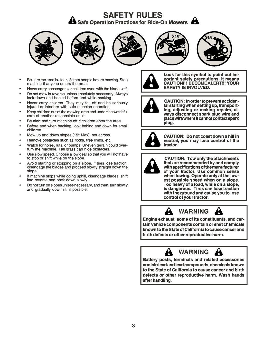 Poulan 183041 owner manual Safety Rules, Safe Operation Practices for Ride-On Mowers 