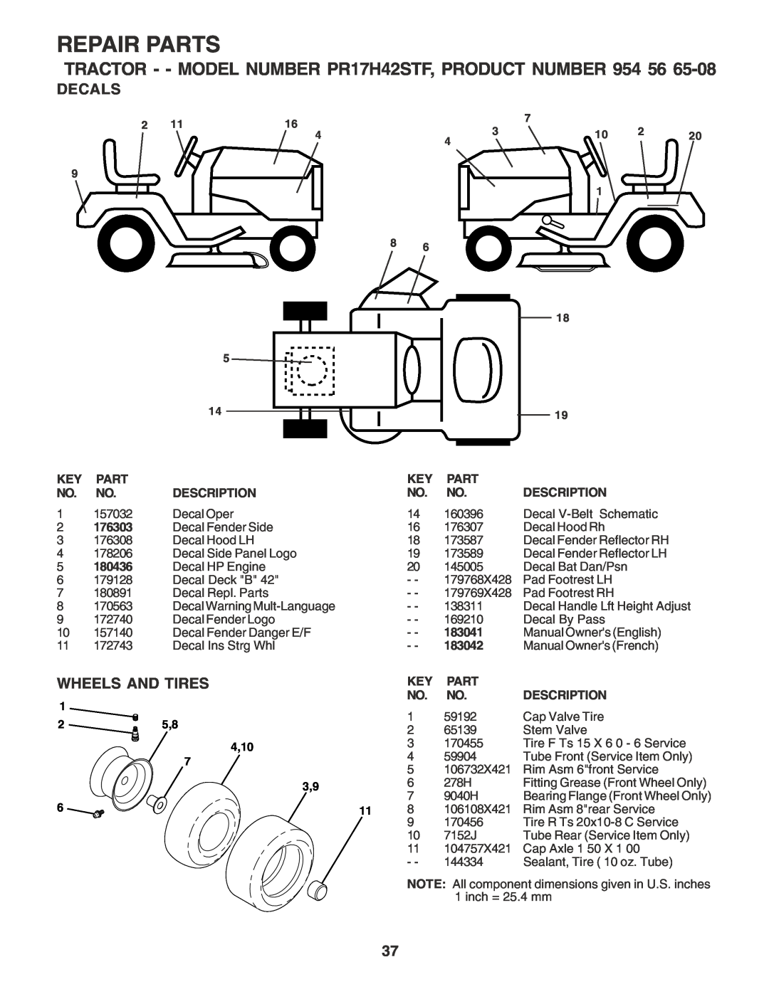 Poulan 183041 Decals, Wheels And Tires, Repair Parts, TRACTOR - - MODEL NUMBER PR17H42STF, PRODUCT NUMBER 954 56, 4,10 