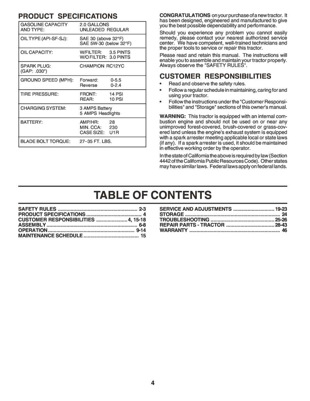 Poulan 183041 owner manual Table Of Contents, Product Specifications, Customer Responsibilities 