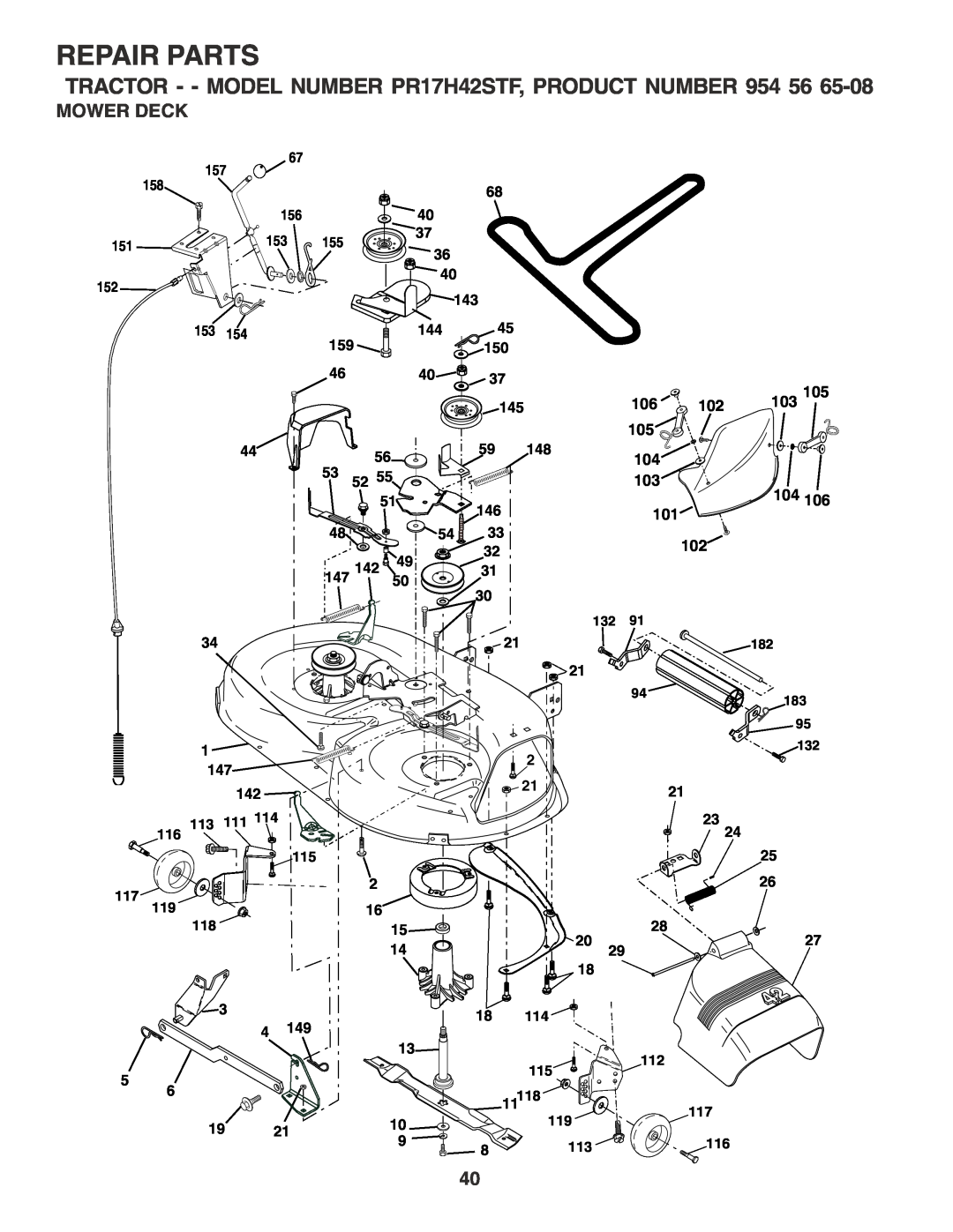 Poulan 183041 owner manual Mower Deck, Repair Parts, TRACTOR - - MODEL NUMBER PR17H42STF, PRODUCT NUMBER 954 56, 103 104 