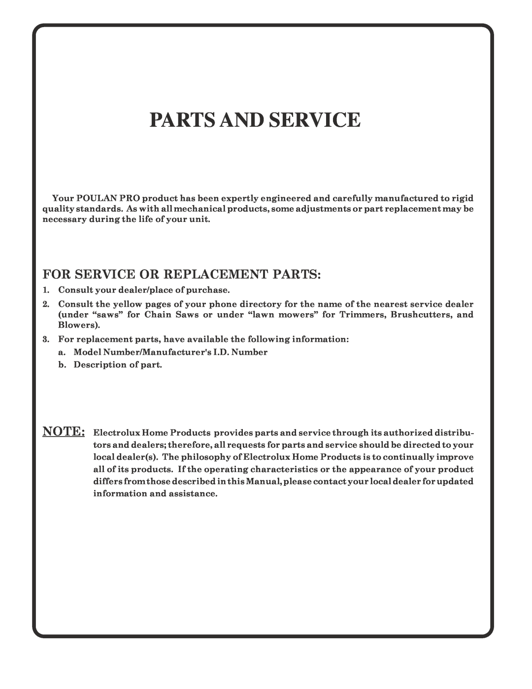 Poulan 183041 owner manual Parts And Service, For Service Or Replacement Parts 