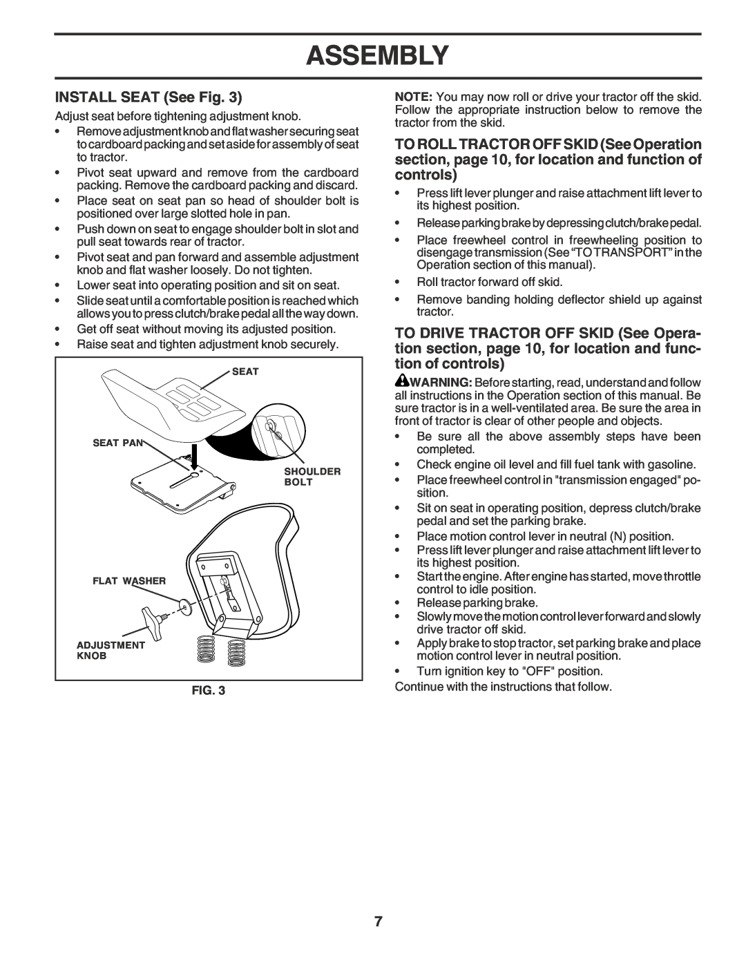 Poulan 183041 owner manual INSTALL SEAT See Fig, Assembly 