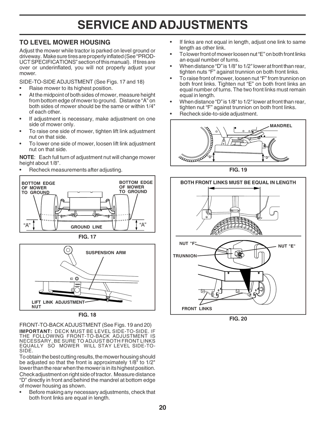 Poulan 183044 owner manual To Level Mower Housing, FRONT-TO-BACK Adjustment See Figs 