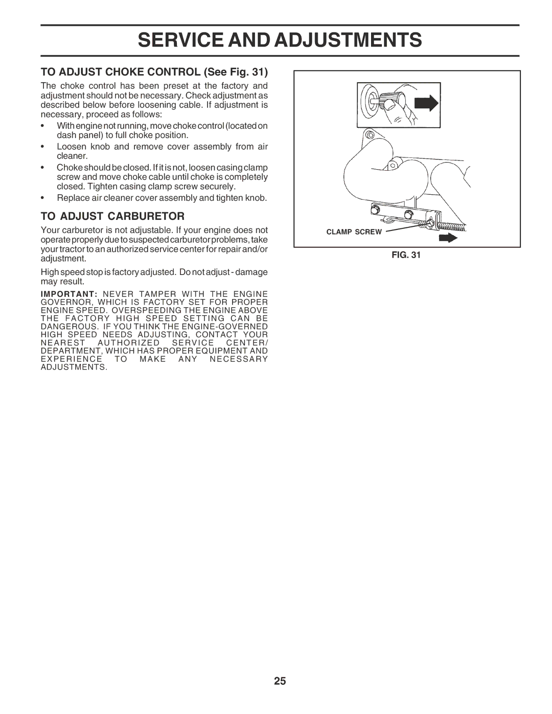 Poulan 183044 owner manual To Adjust Choke Control See Fig, To Adjust Carburetor 