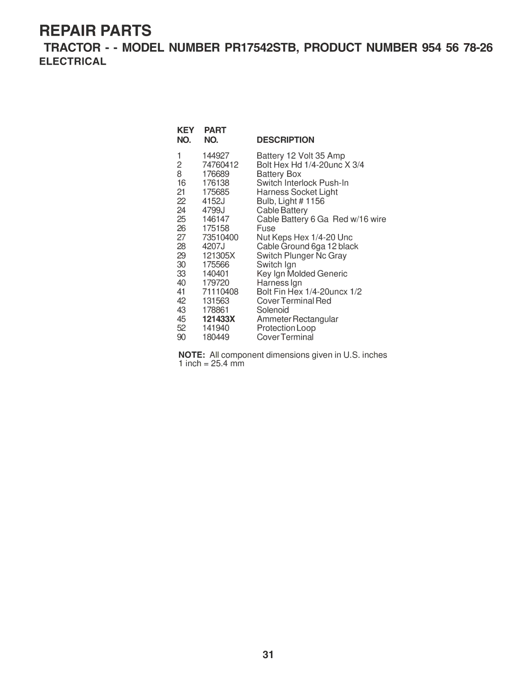 Poulan 183044 owner manual KEY Part NO. NO. Description 