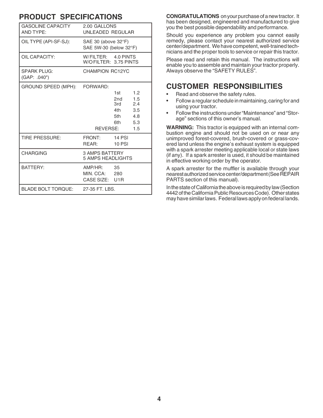 Poulan 183044 owner manual Product Specifications, Customer Responsibilities 