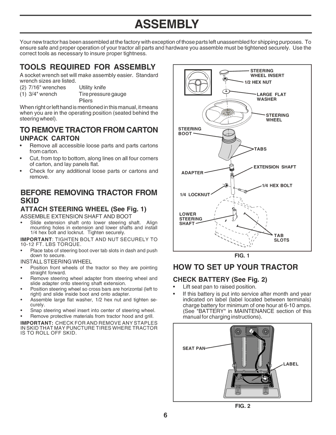 Poulan 183044 Tools Required for Assembly, To Remove Tractor from Carton, Before Removing Tractor from Skid 