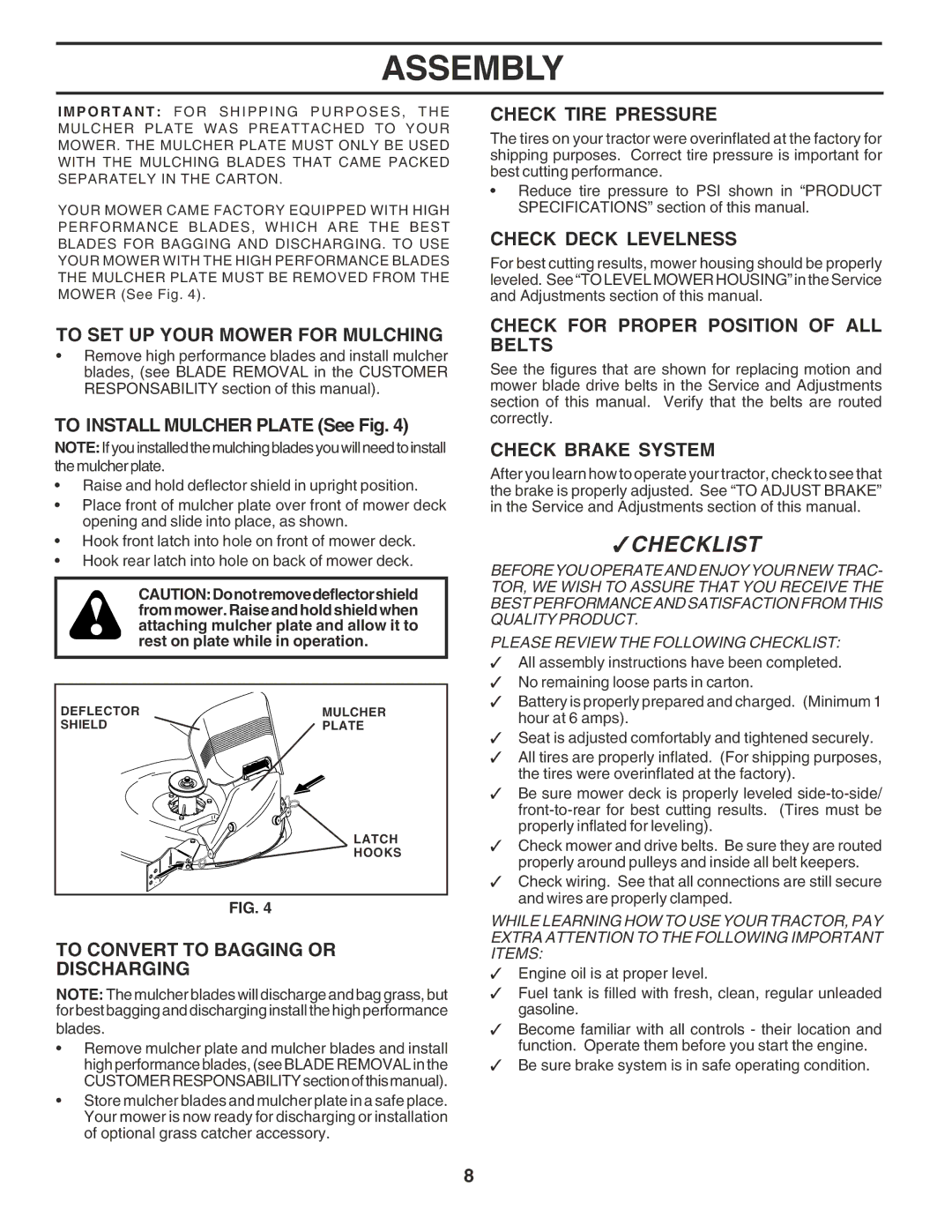 Poulan 183044 owner manual To SET UP Your Mower for Mulching, To Convert to Bagging or Discharging, Check Tire Pressure 