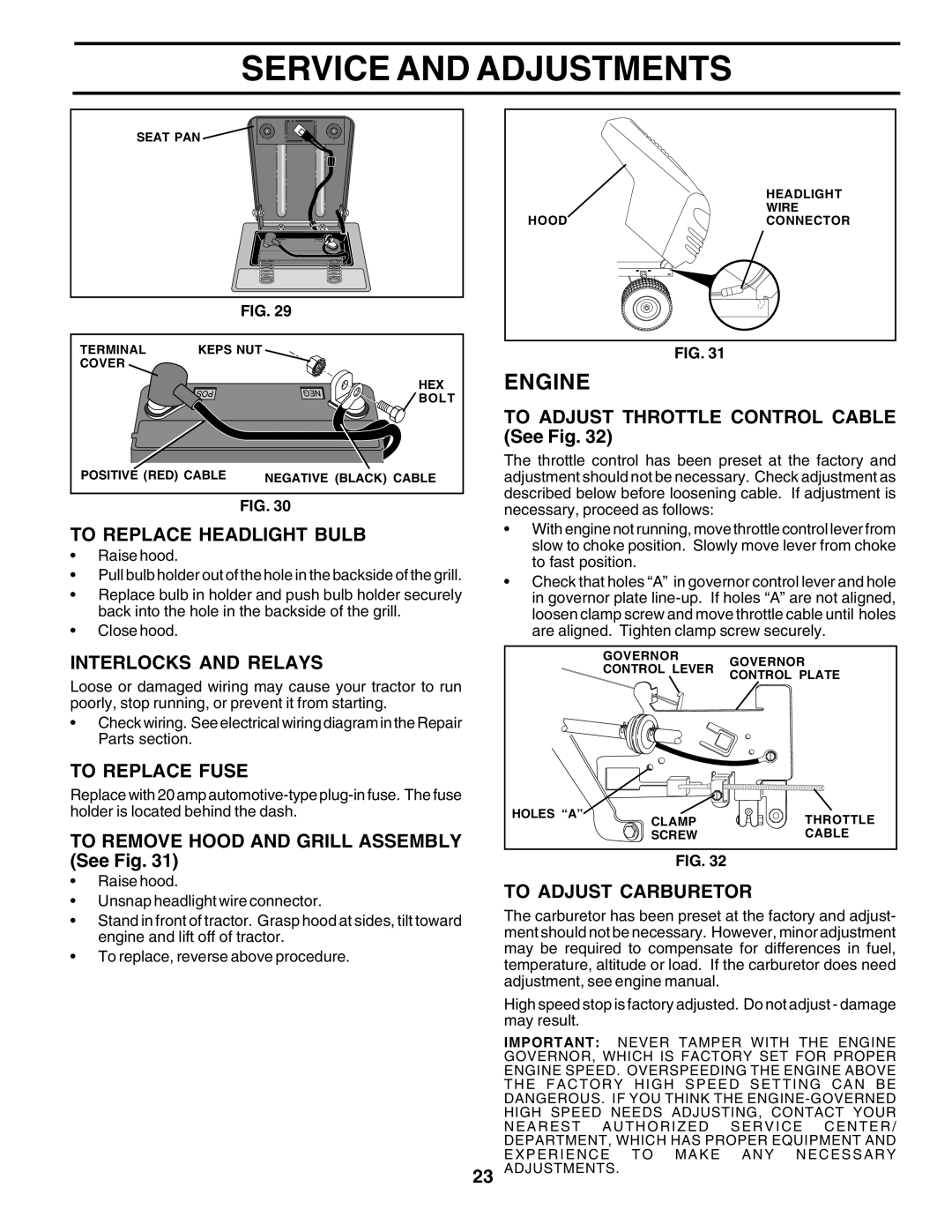 Poulan 183046 owner manual To Replace Headlight Bulb, Interlocks and Relays, To Replace Fuse, To Adjust Carburetor 