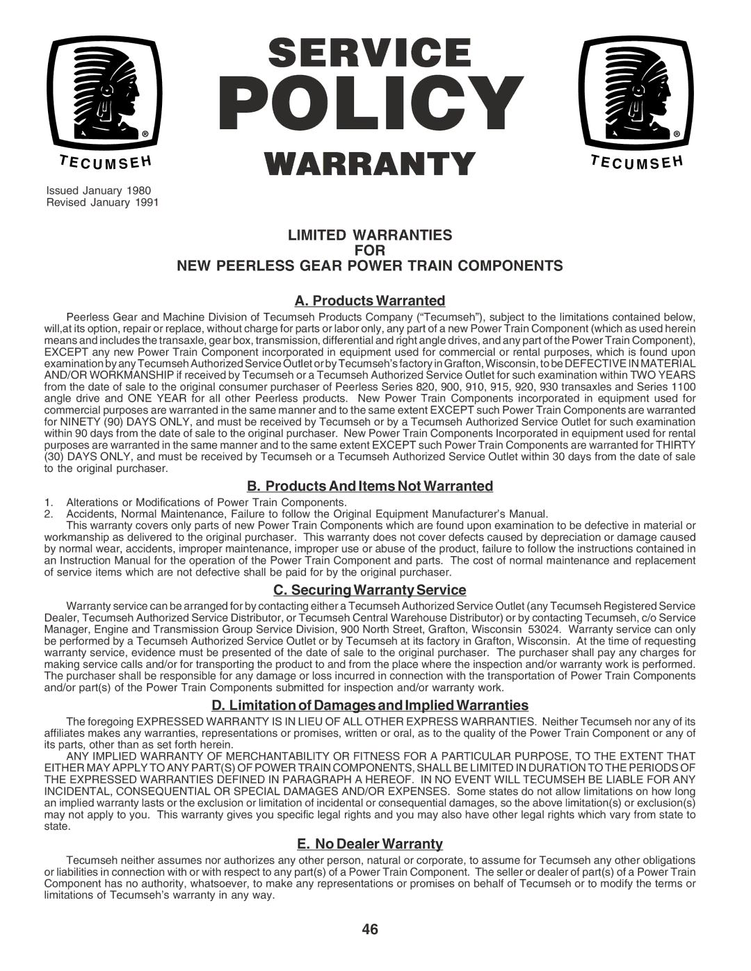 Poulan 183046 owner manual Policy 