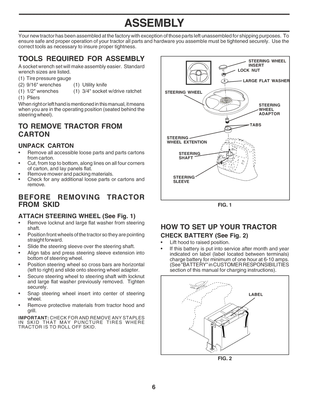 Poulan 183050 Tools Required for Assembly, To Remove Tractor from Carton, Before Removing Tractor from Skid 