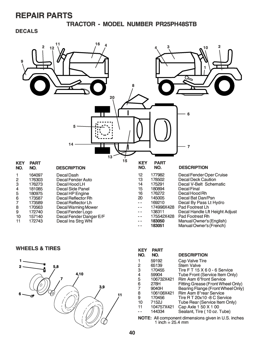 Poulan 183050 owner manual Decals, Wheels & Tires, Repair Parts, TRACTOR - MODEL NUMBER PR25PH48STB, 4,10 