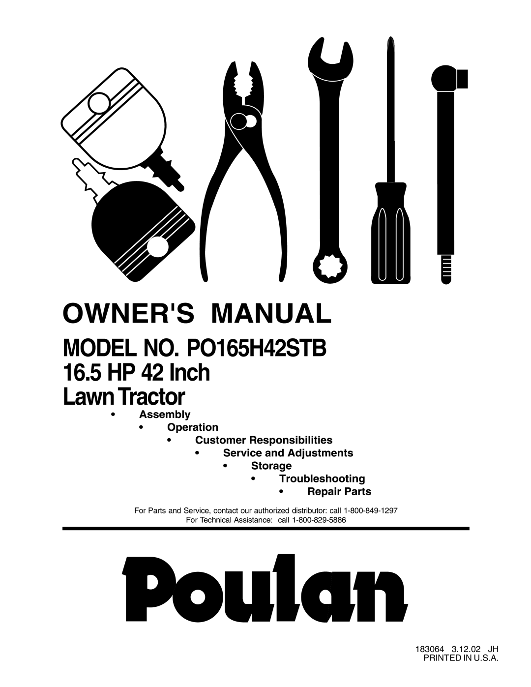 Poulan 183064 manual Model NO. PO165H42STB 