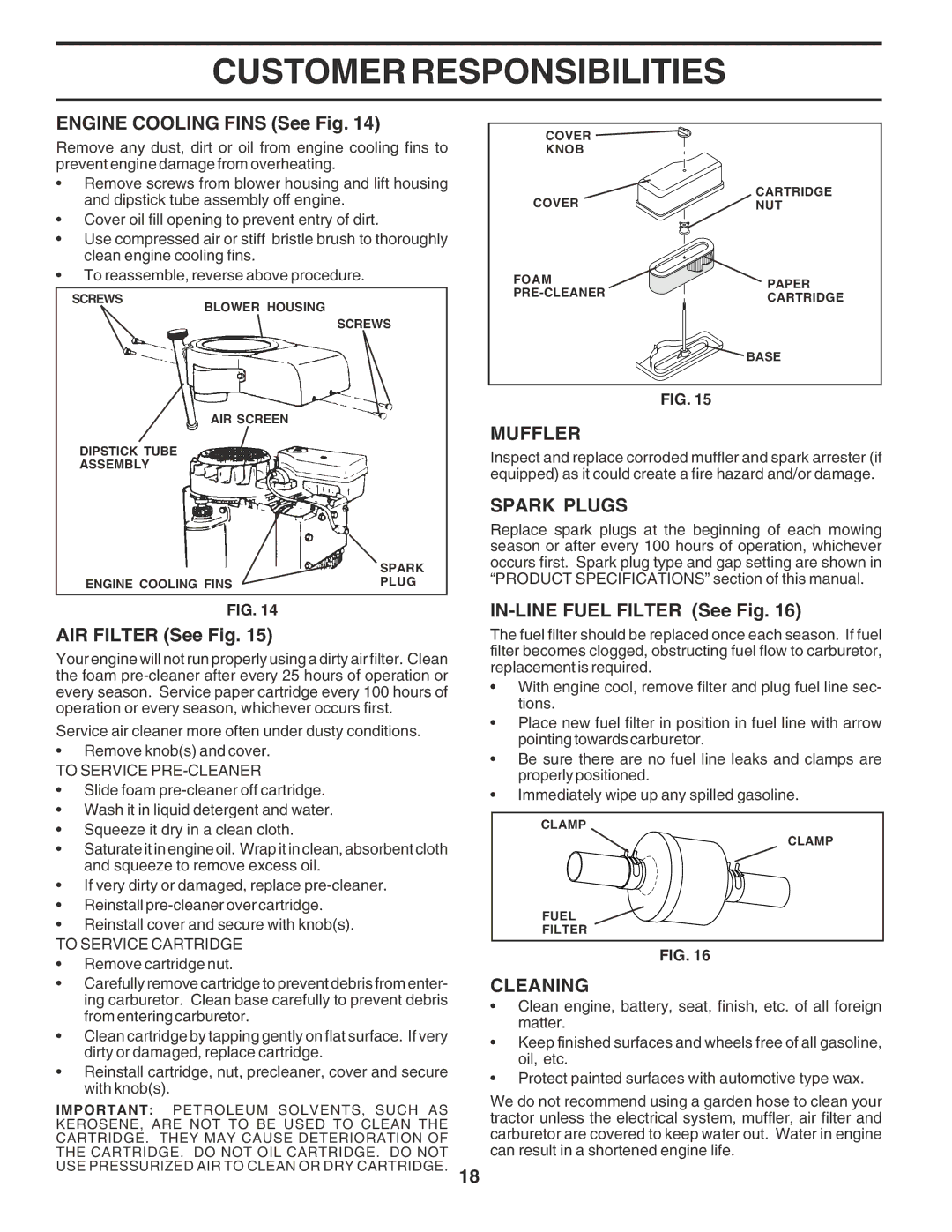 Poulan 183064 manual Muffler, Spark Plugs, Cleaning 