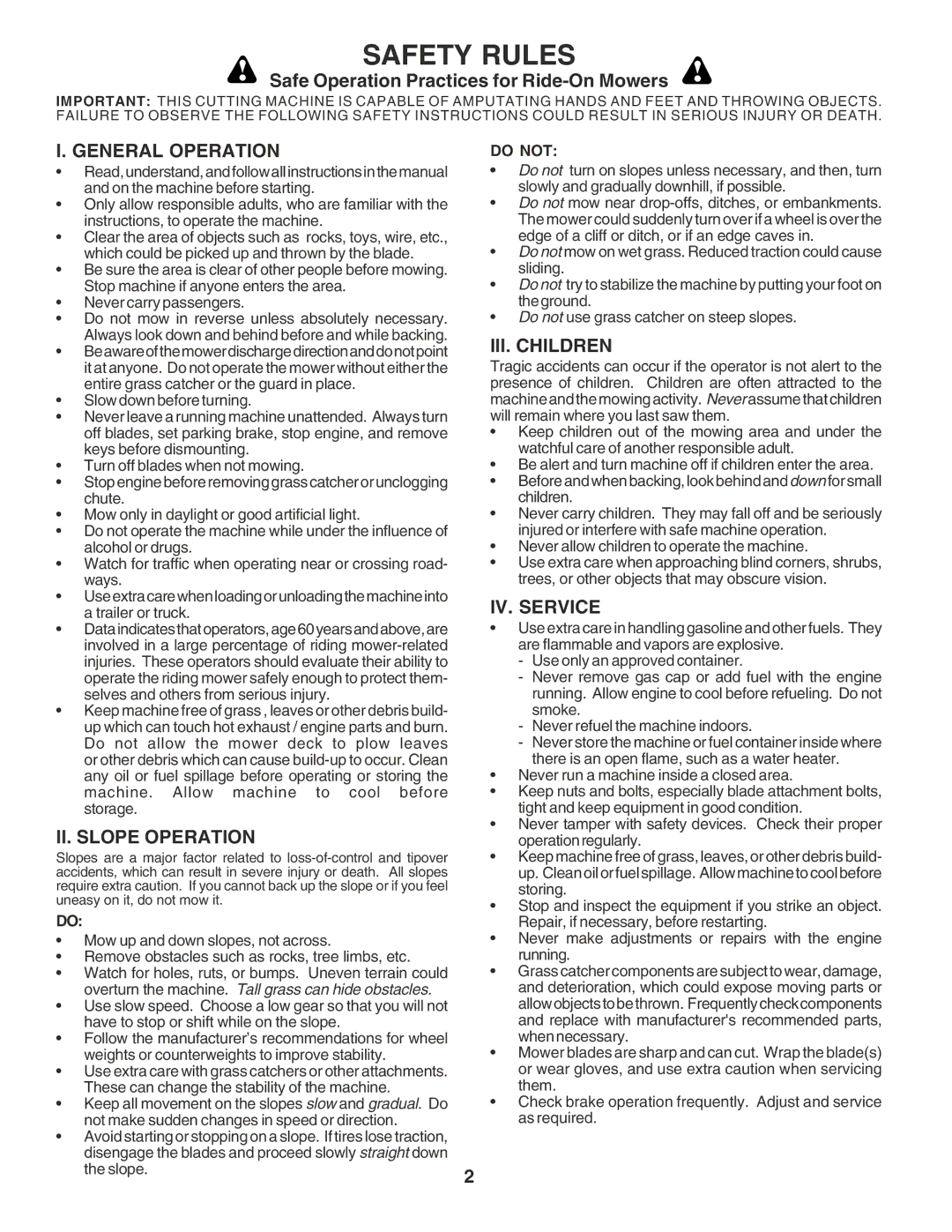 Poulan 183064 manual Safe Operation Practices for Ride-On Mowers, General Operation, II. Slope Operation, III. Children 