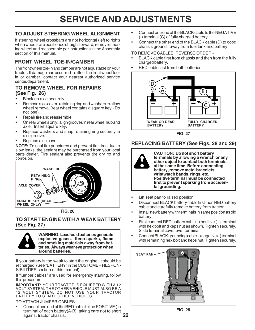 Poulan 183064 manual To Adjust Steering Wheel Alignment, Front Wheel TOE-IN/CAMBER, To Remove Wheel for Repairs See Fig 