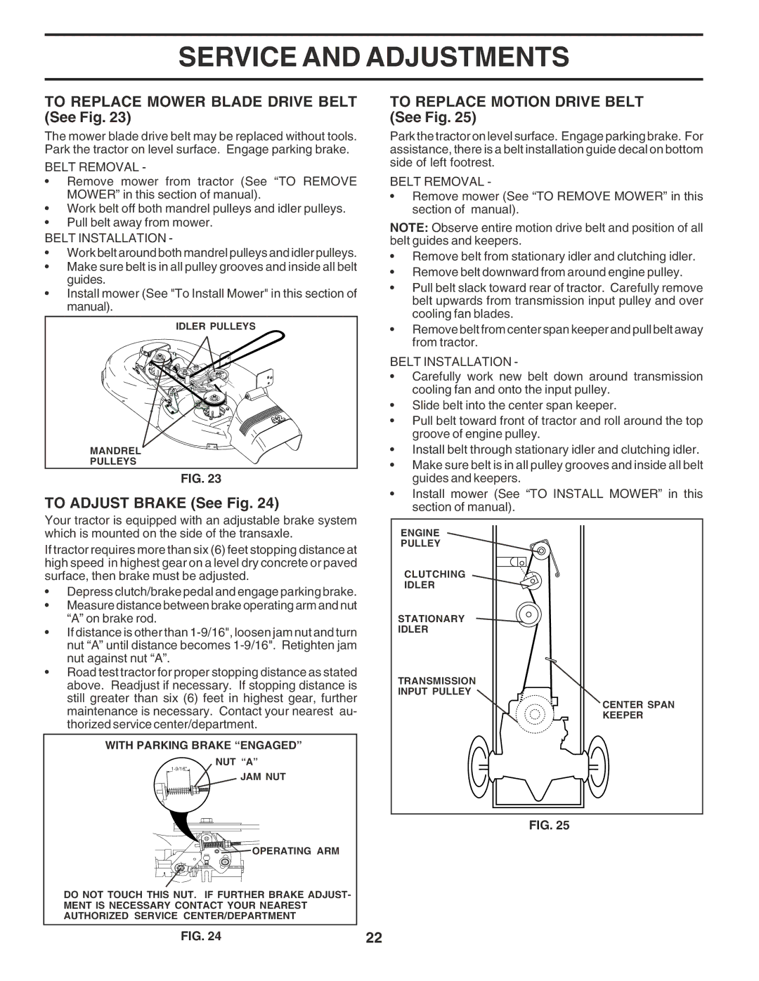 Poulan 183111 To Replace Mower Blade Drive Belt See Fig, To Adjust Brake See Fig, To Replace Motion Drive Belt See Fig 