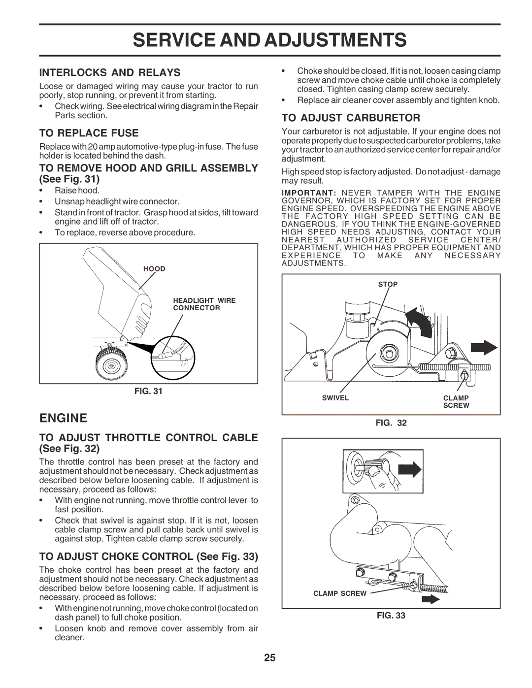 Poulan PR185G42STF, 183111 owner manual Interlocks and Relays, To Replace Fuse, To Adjust Carburetor 