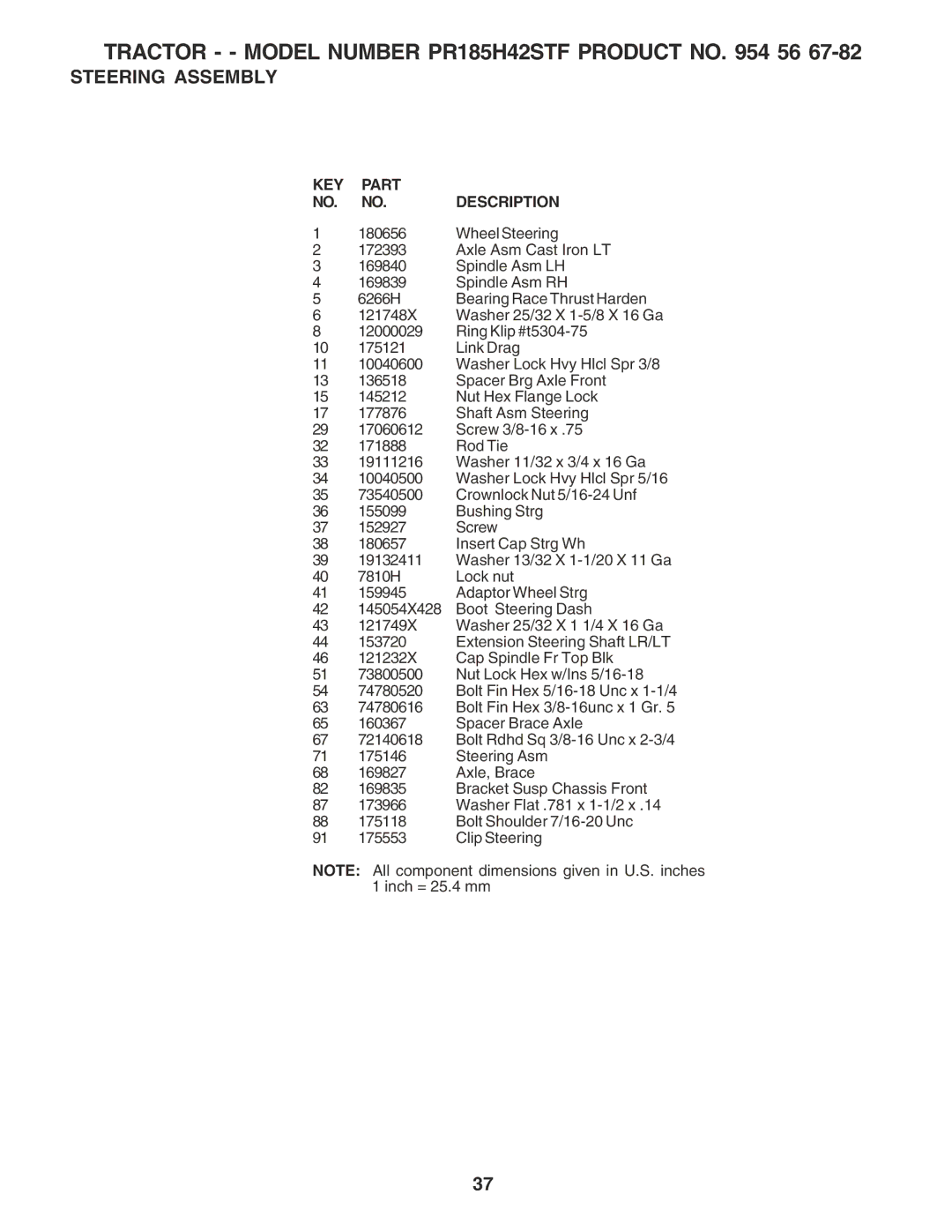 Poulan PR185G42STF, 183111 owner manual KEY Part NO. NO. Description 