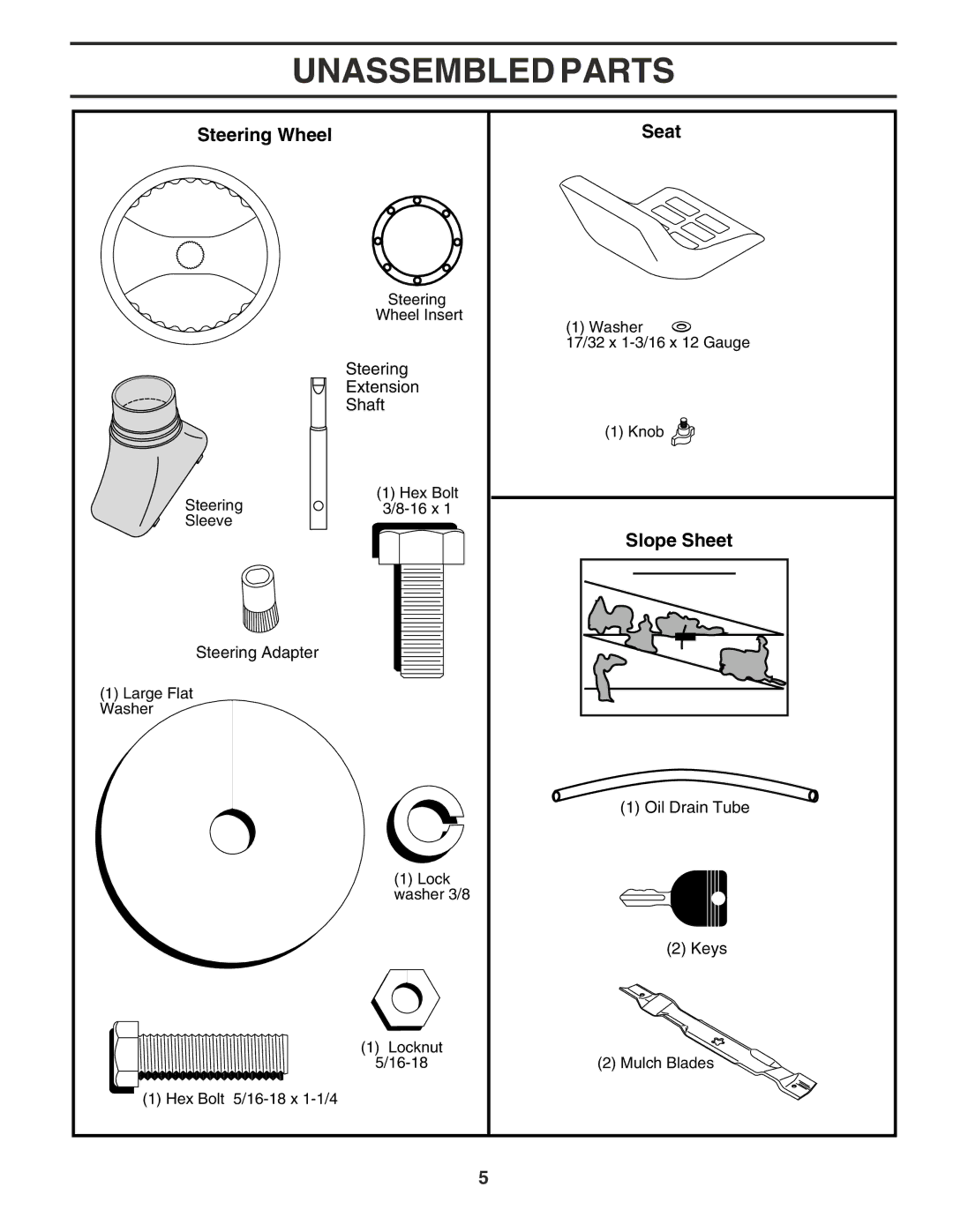 Poulan PR185G42STF, 183111 owner manual Unassembled Parts, Steering Wheel Seat, Slope Sheet 