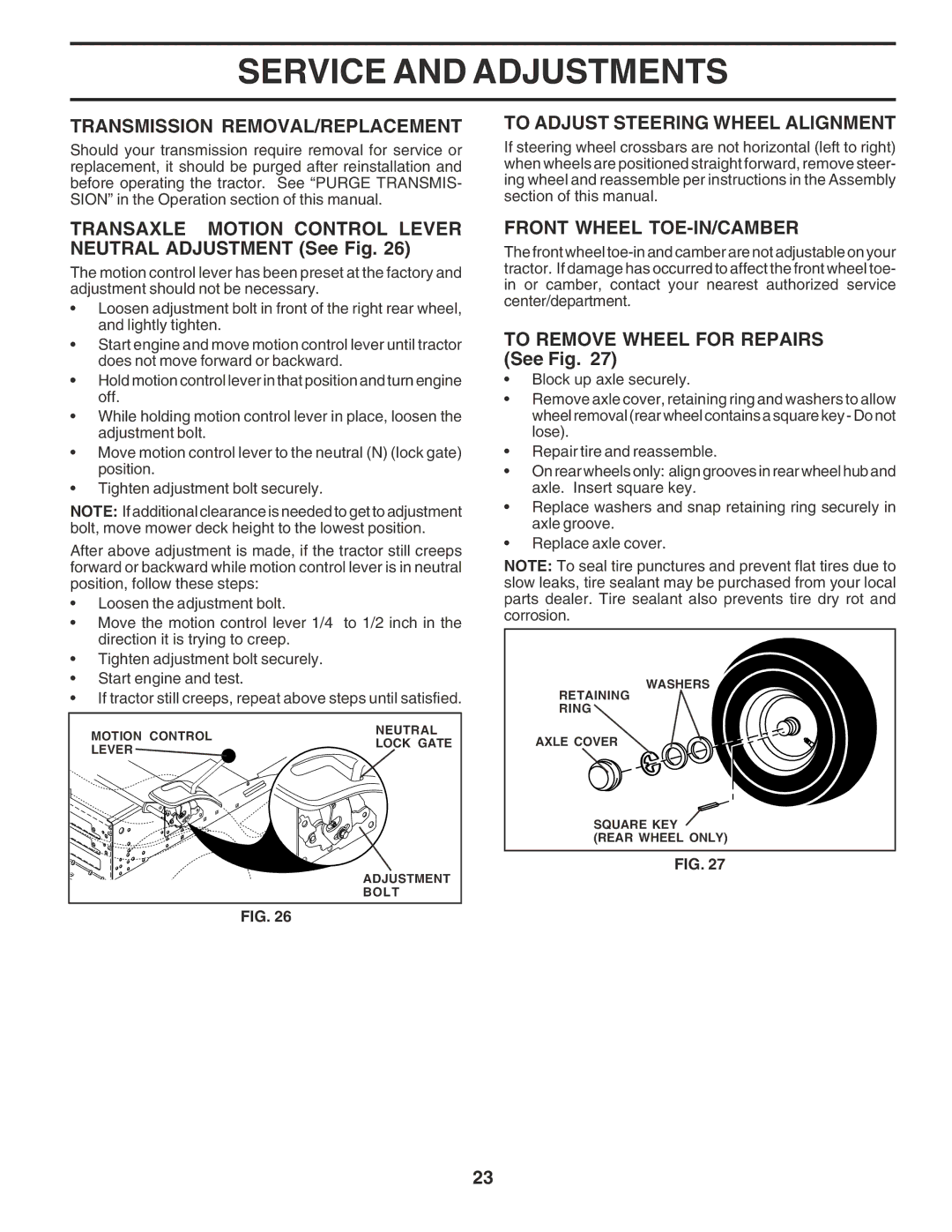 Poulan 183113 owner manual Transmission REMOVAL/REPLACEMENT, Transaxle Motion Control Lever Neutral Adjustment See Fig 