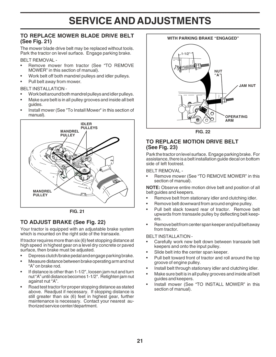 Poulan 183188 To Replace Mower Blade Drive Belt See Fig, To Adjust Brake See Fig, To Replace Motion Drive Belt See Fig 