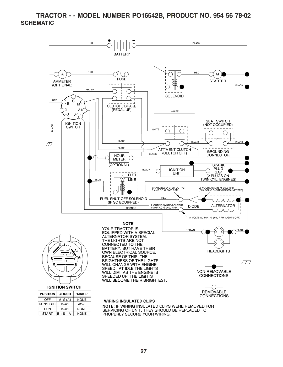 Poulan 183188 manual Tractor - Model Number PO16542B, Product no 56, Schematic 