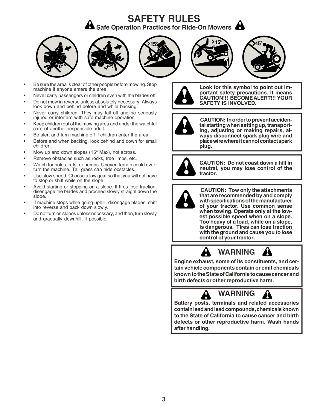 Poulan 183188 manual Safety Rules, Safe Operation Practices for Ride-On Mowers 