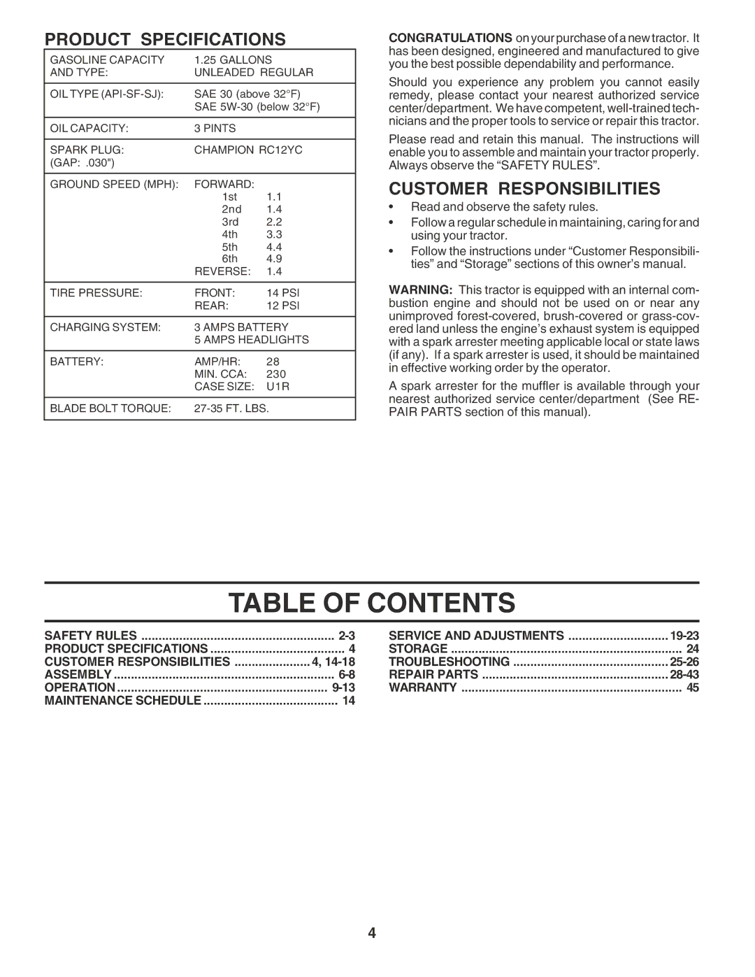 Poulan 183188 manual Table of Contents 