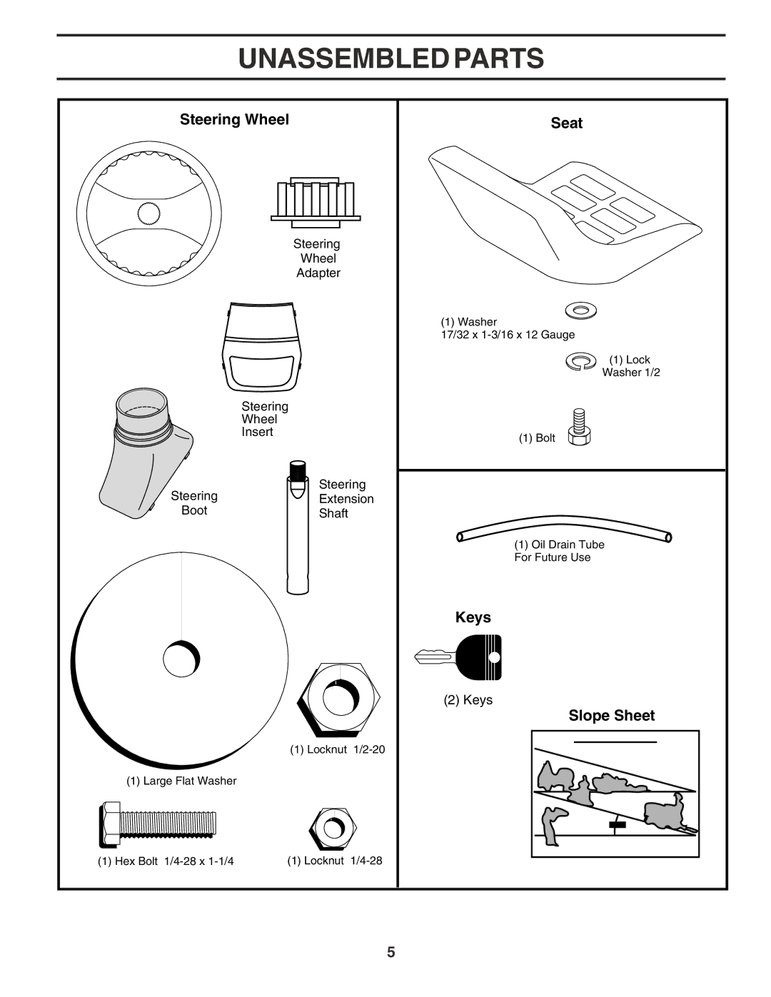 Poulan 183188 manual Unassembled Parts, Steering Wheel Seat, Keys, Slope Sheet 