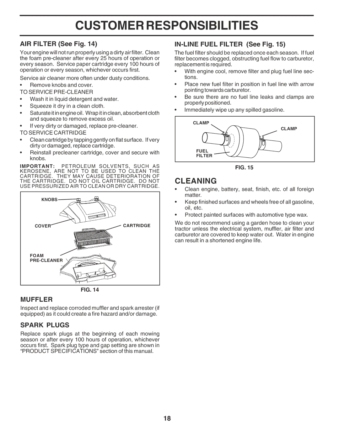 Poulan 183247, PR2042 owner manual Cleaning, AIR Filter See Fig, Muffler, Spark Plugs, IN-LINE Fuel Filter See Fig 