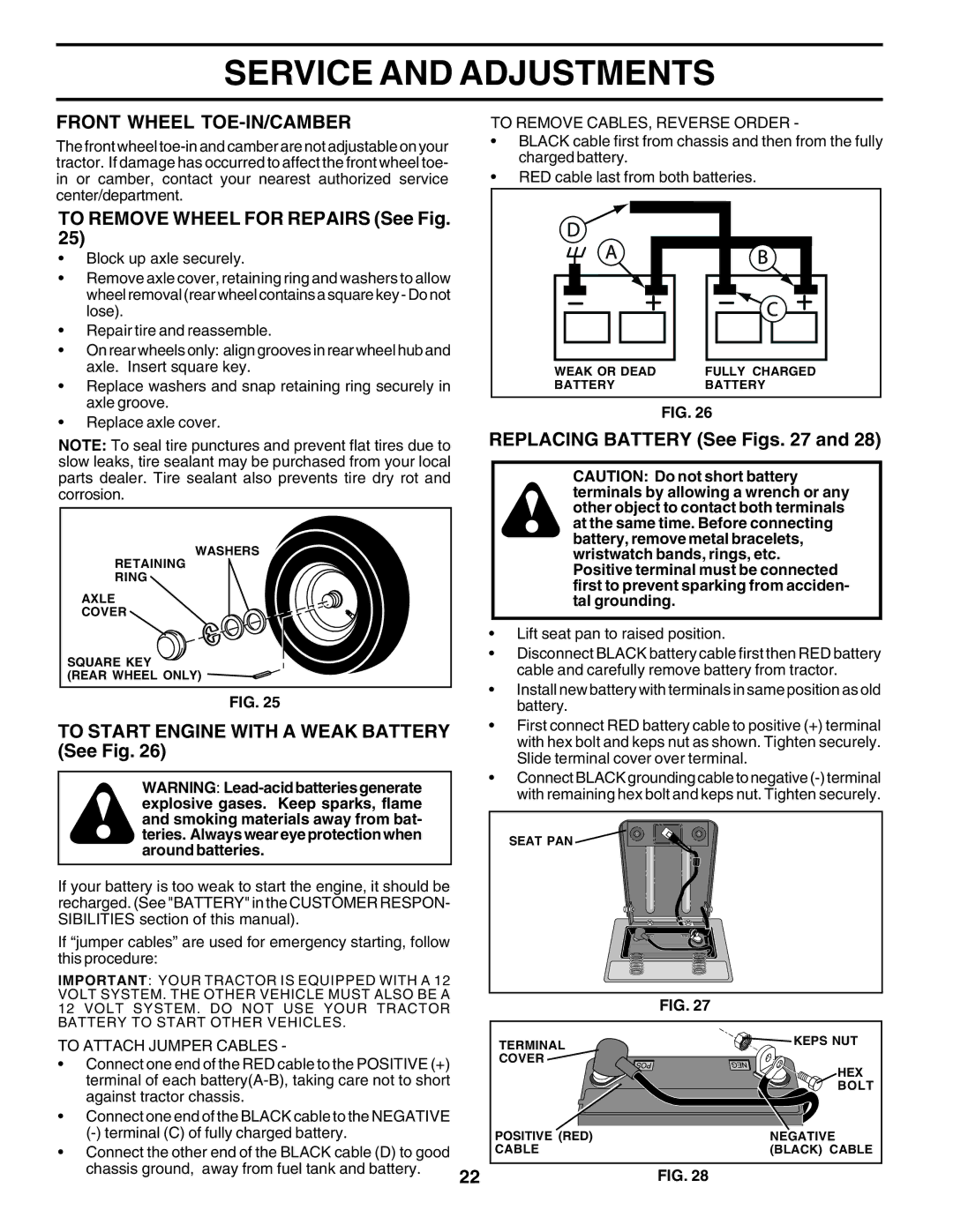 Poulan 183247 Front Wheel TOE-IN/CAMBER, To Remove Wheel for Repairs See Fig, To Start Engine with a Weak Battery See Fig 