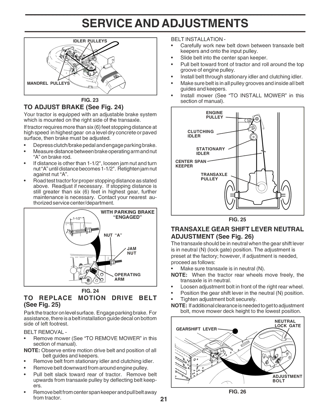 Poulan 183249 owner manual To Adjust Brake See Fig, To Replace Motion Drive Belt See Fig 