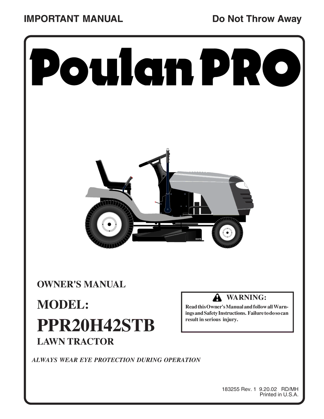 Poulan 183255 owner manual PPR20H42STB 