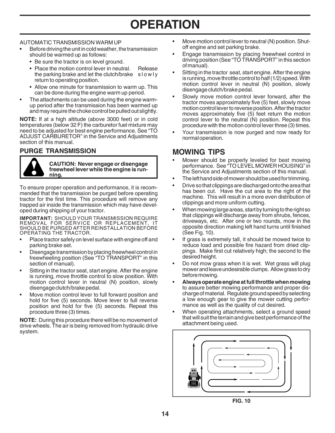 Poulan 183255 owner manual Mowing Tips, Purge Transmission, Automatic Transmission Warm UP 