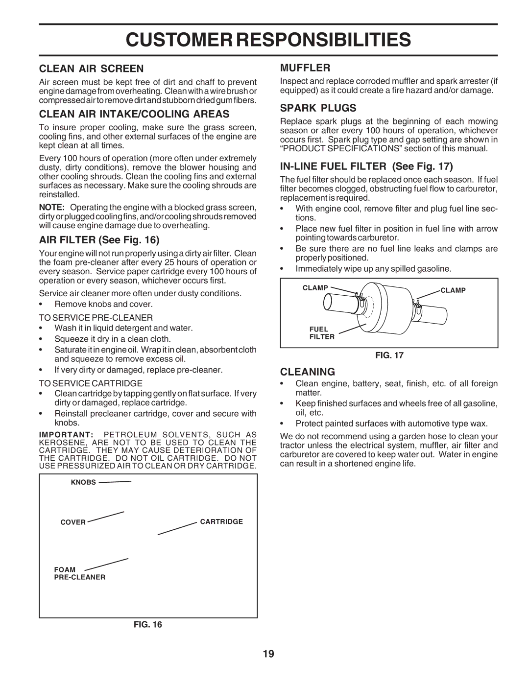 Poulan 183255 owner manual Clean AIR Screen, Clean AIR INTAKE/COOLING Areas, Muffler, Spark Plugs, Cleaning 