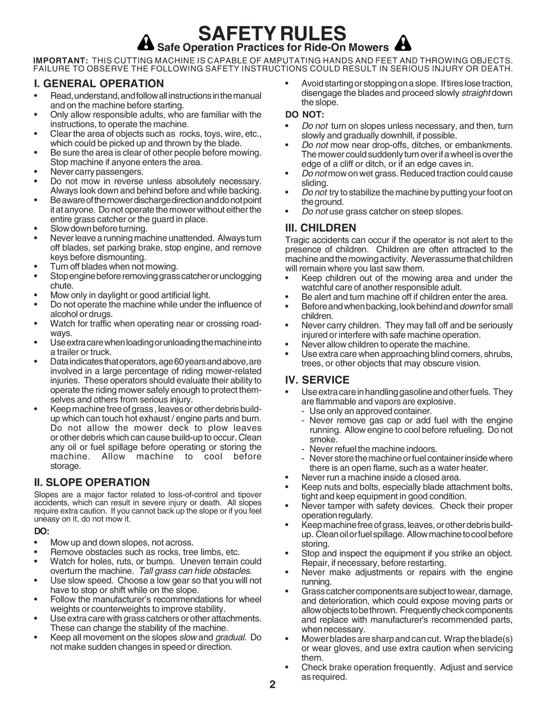 Poulan 183255 owner manual Safety Rules, General Operation, II. Slope Operation, III. Children, IV. Service 