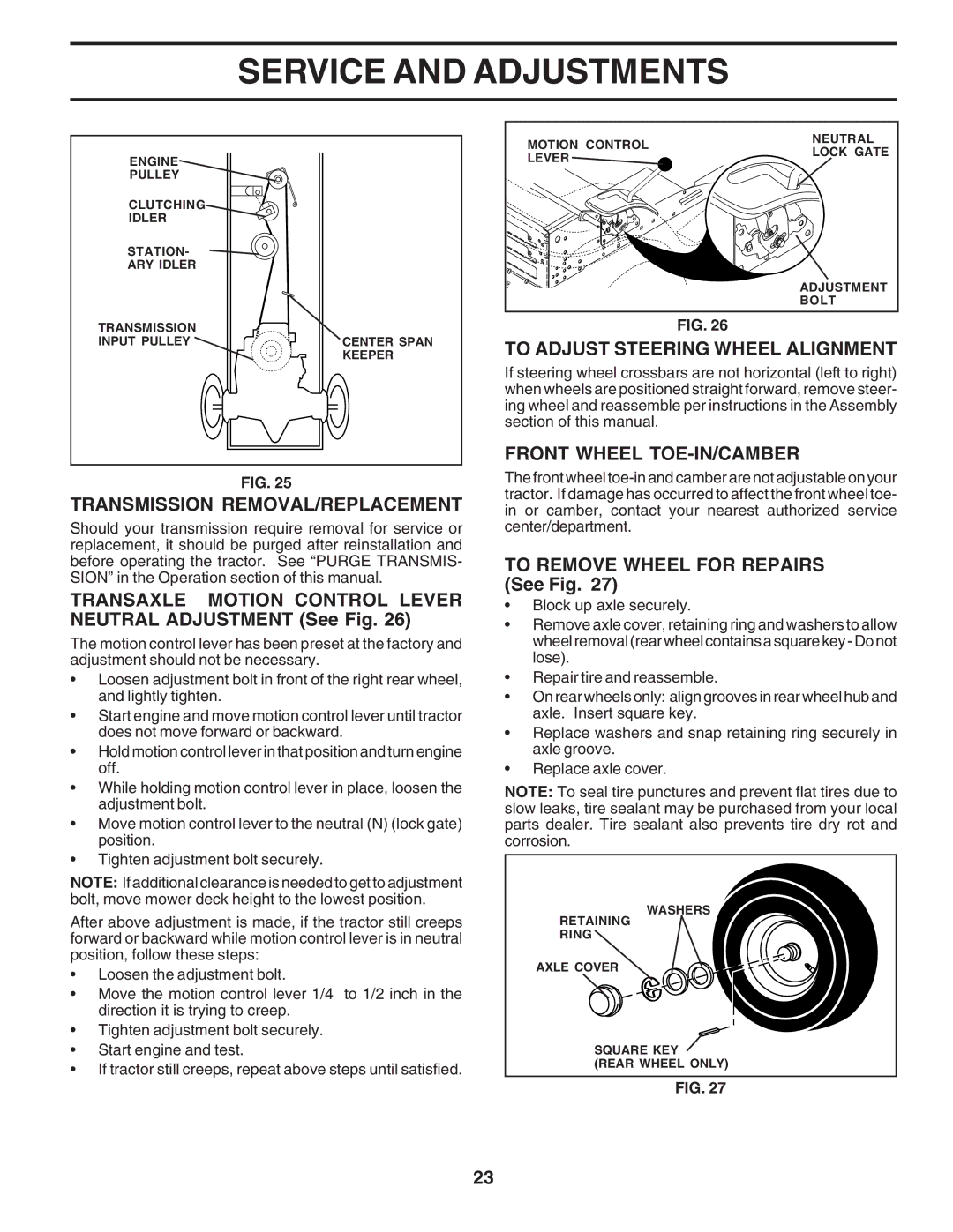 Poulan 183255 owner manual Transmission REMOVAL/REPLACEMENT, Transaxle Motion Control Lever Neutral Adjustment See Fig 