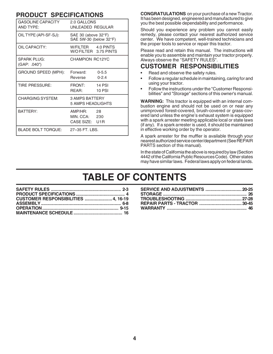 Poulan 183255 owner manual Table of Contents 