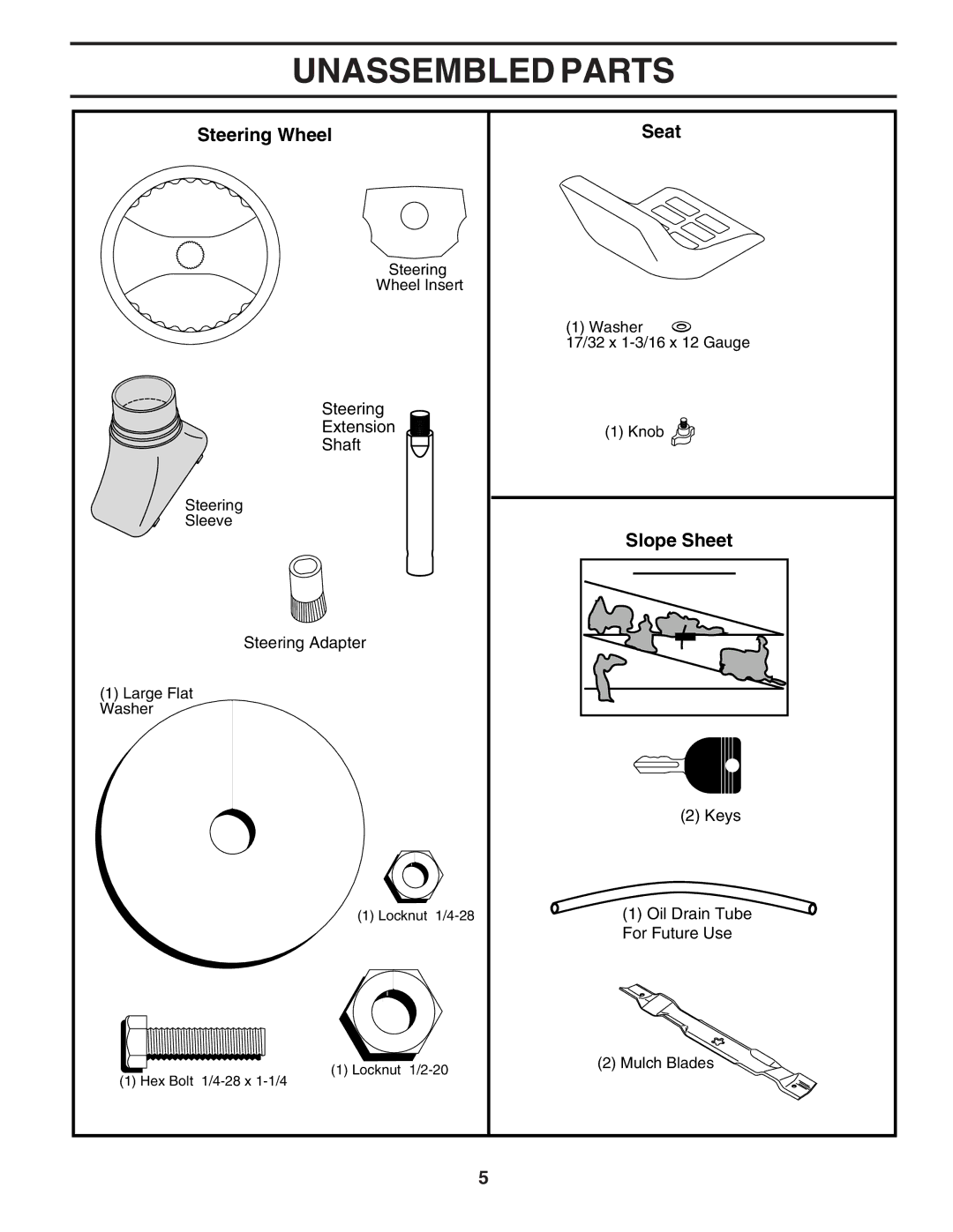 Poulan 183255 owner manual Unassembled Parts, Steering Wheel Seat, Slope Sheet 