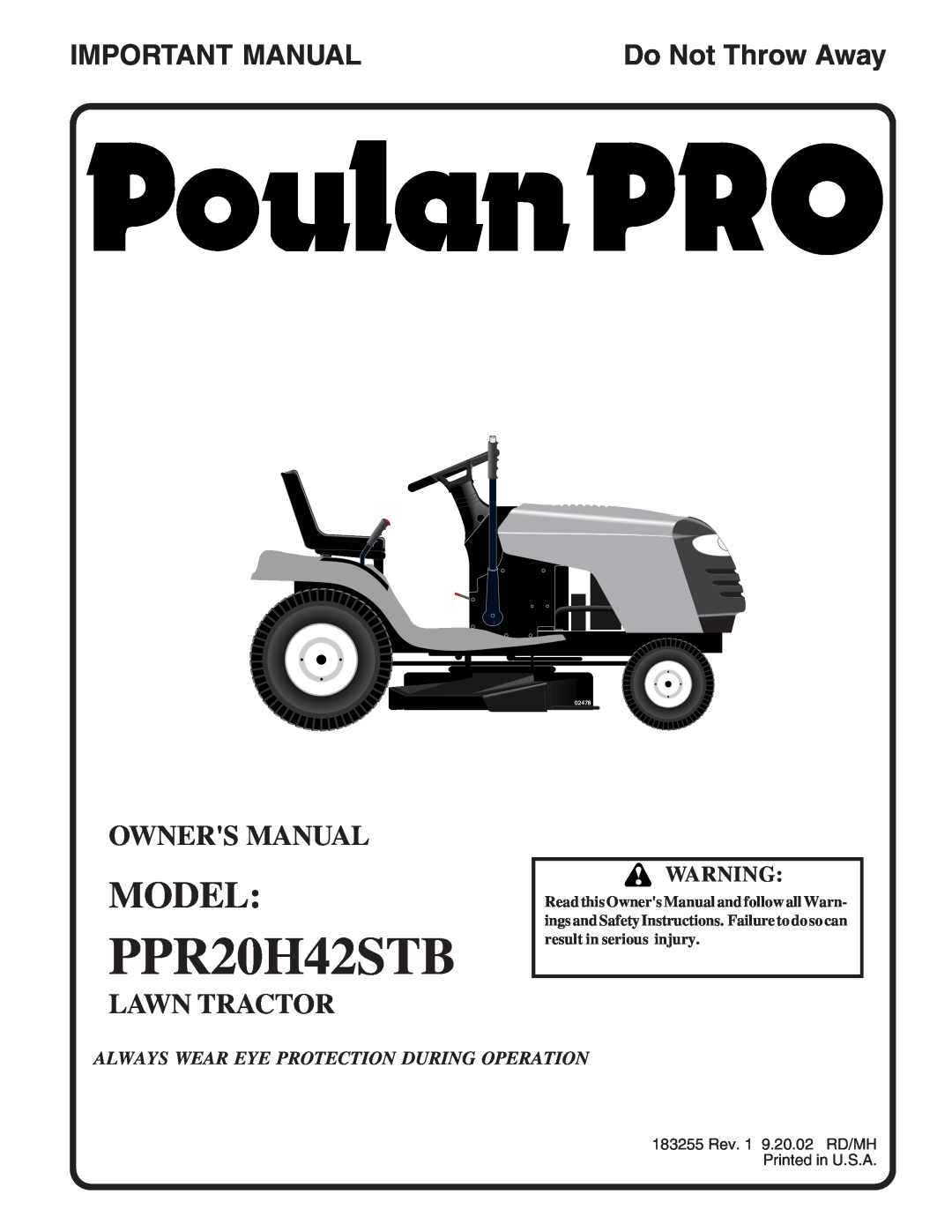 Poulan 183255 owner manual Model, Important Manual, PPR20H42STB, Owners Manual, Lawn Tractor, Do Not Throw Away, 02478 