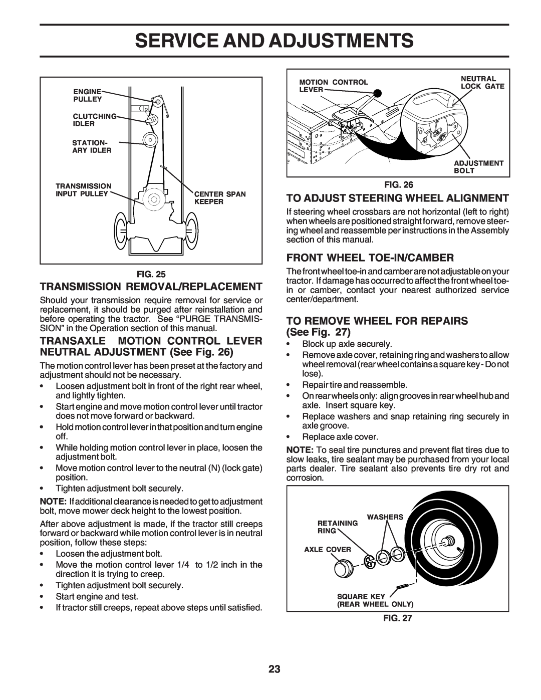 Poulan 183255 owner manual Transmission Removal/Replacement, TRANSAXLE MOTION CONTROL LEVER NEUTRAL ADJUSTMENT See Fig 