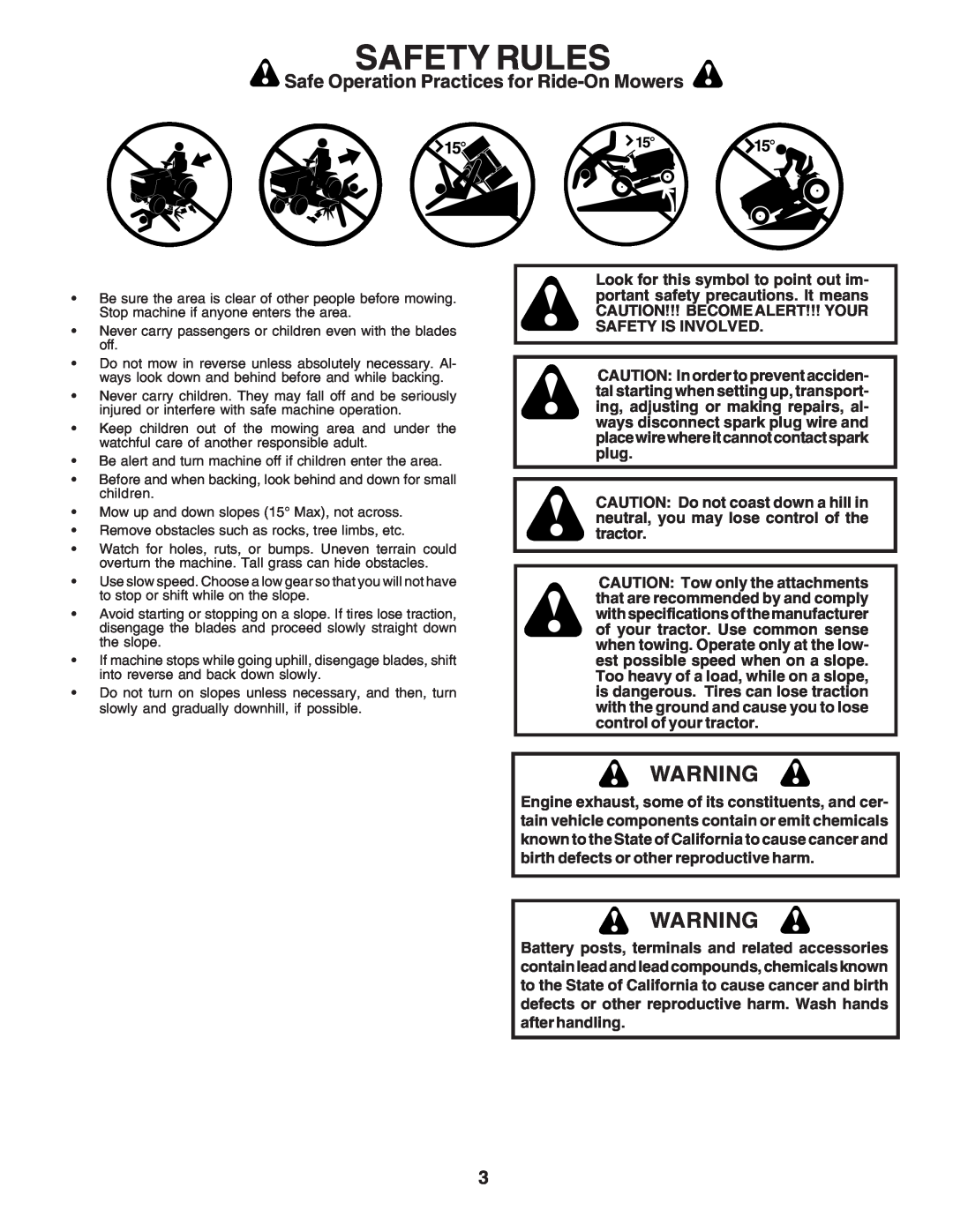 Poulan 183255 owner manual Safety Rules, Safe Operation Practices for Ride-On Mowers 