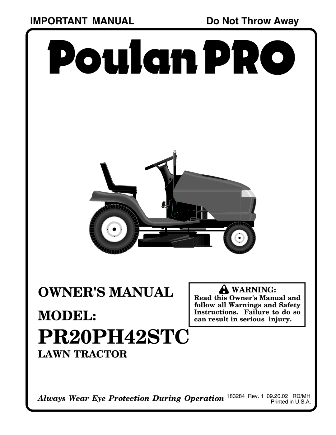 Poulan 183284 owner manual PR20PH42STC 