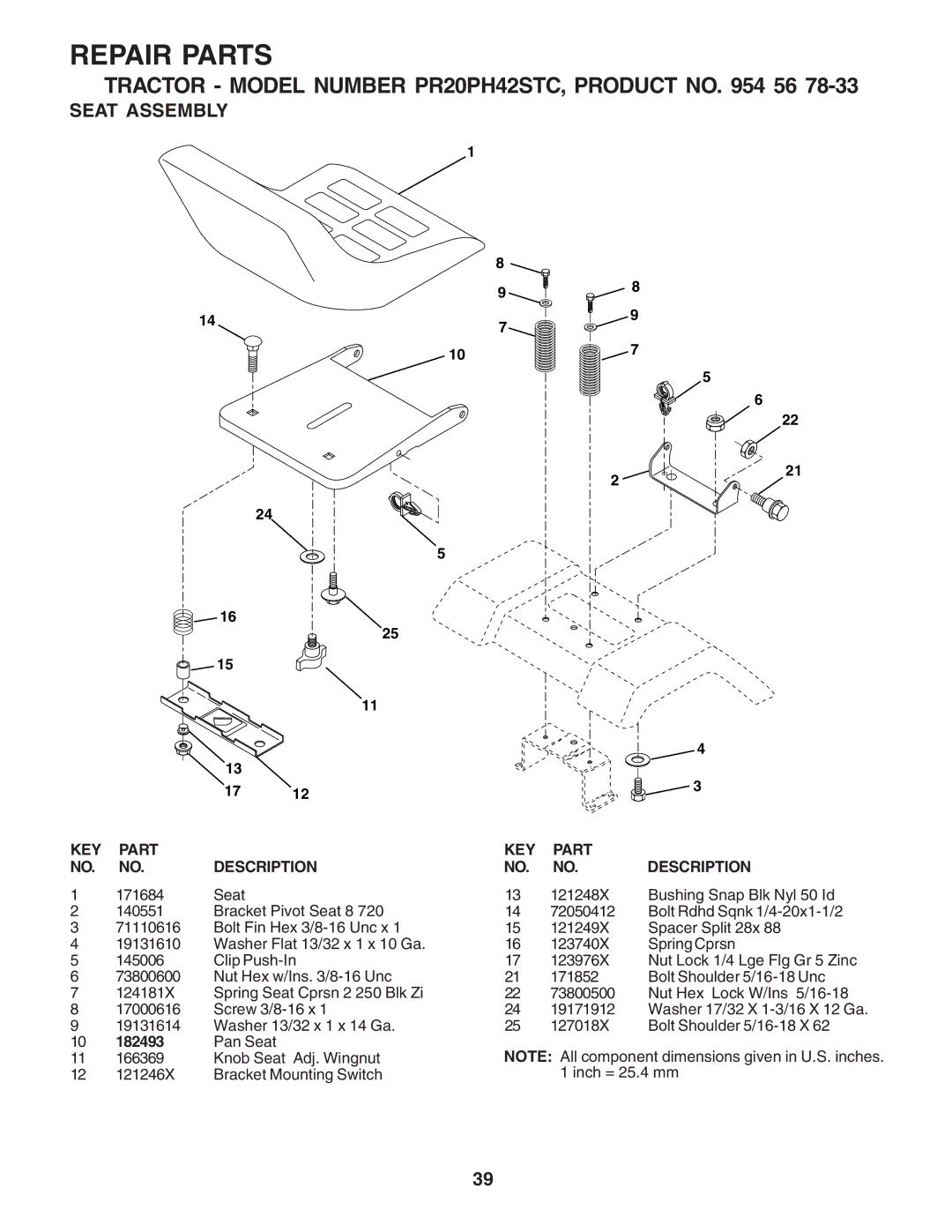 Poulan 183284 owner manual Seat Assembly 